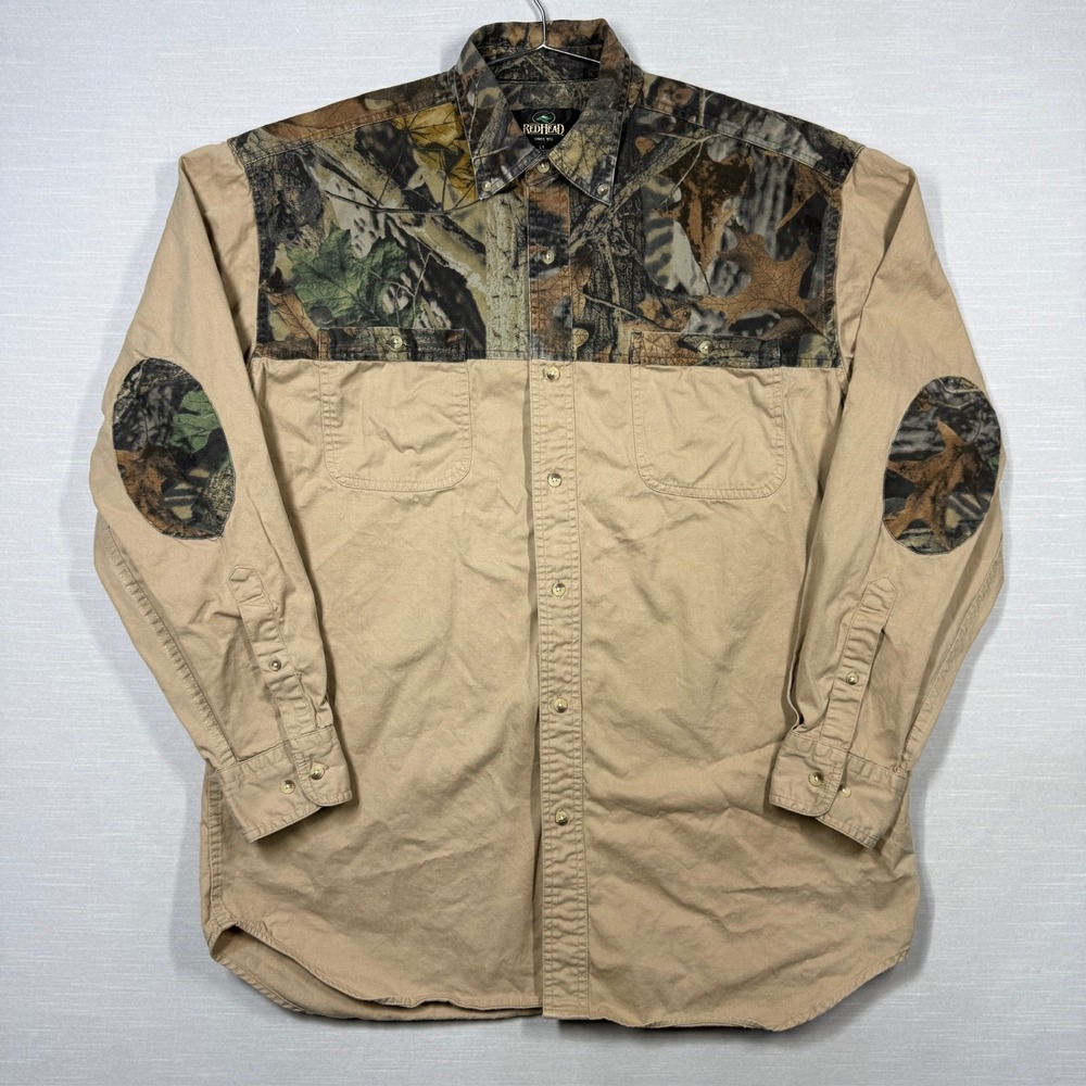 RedHead Camo Button Down Shirt Men Large Tall Beige Elbow Patch Hunting Cotton